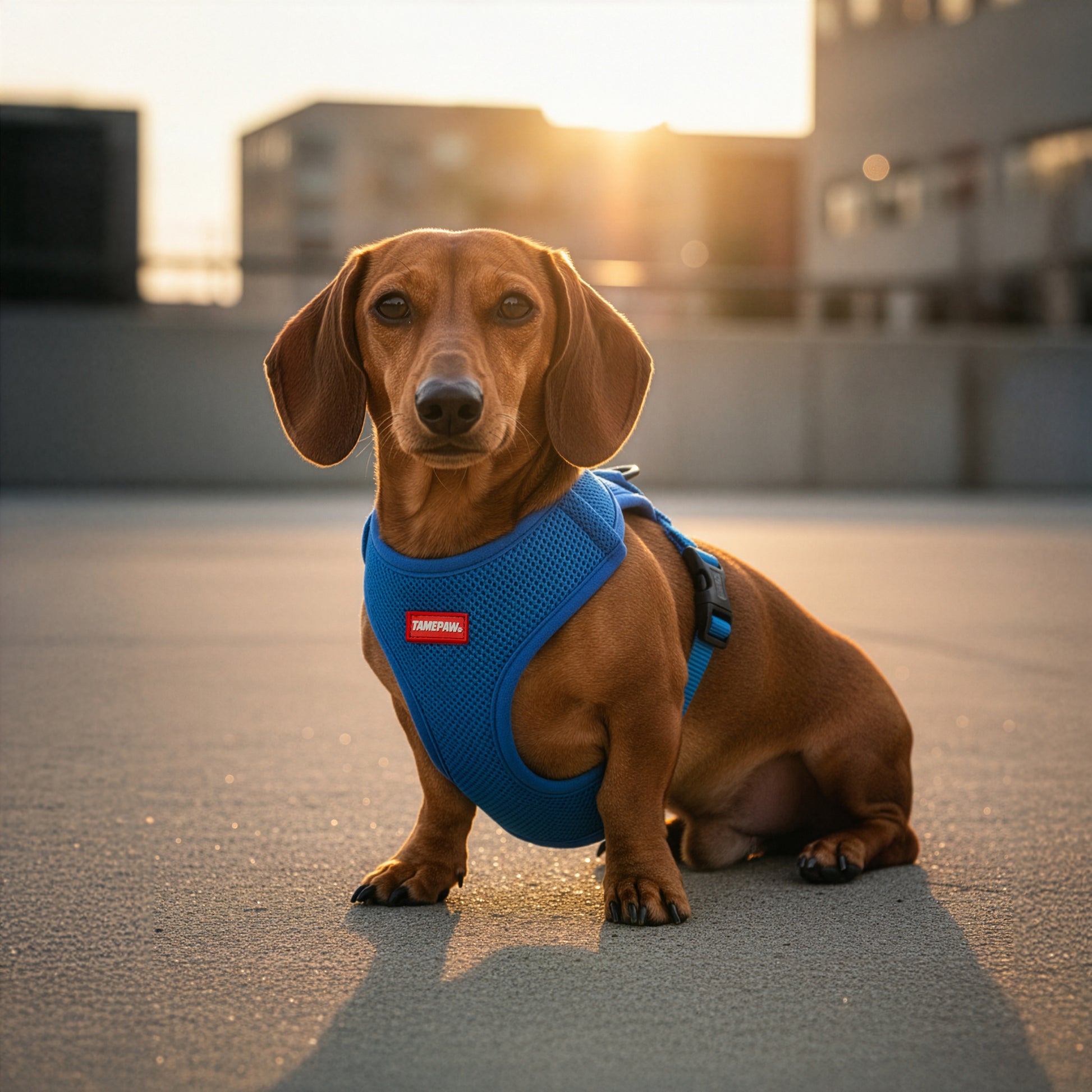 Dachshund wearing a blue Tamepaw dog harness with a sunset in the background